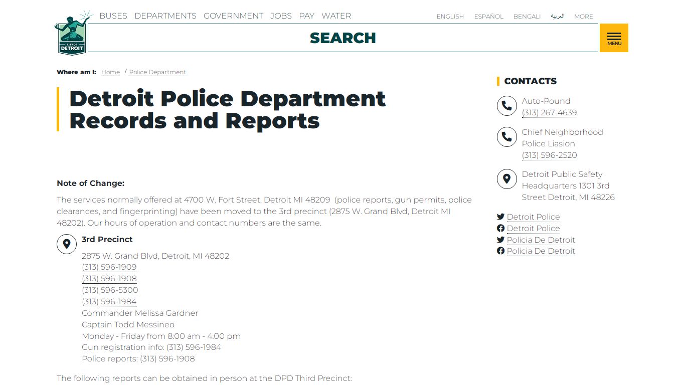 Detroit Police Department Records and Reports